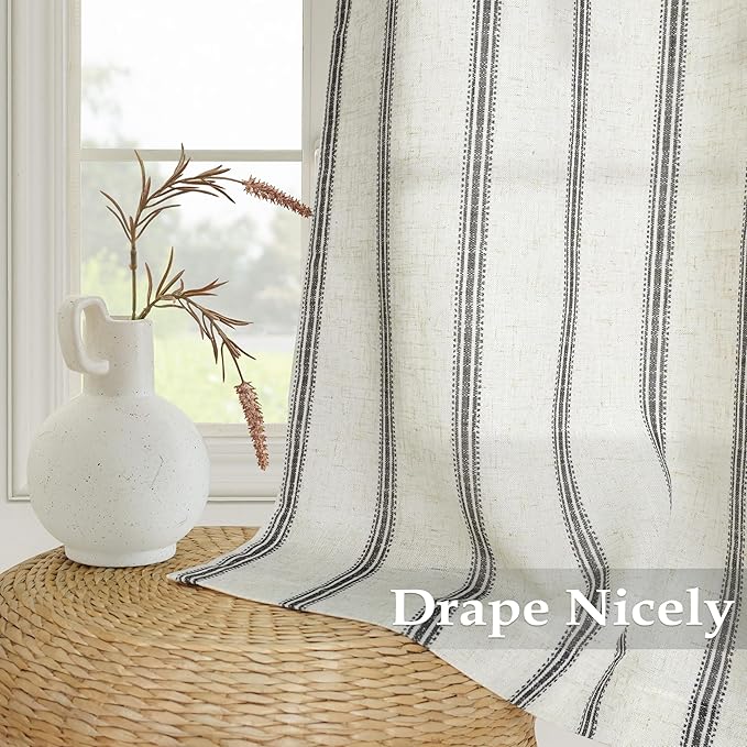 DriftAway Farmhouse Vertical Striped Linen Blend Textured Light Filtering Semi Sheer Curtains for Living Room Bedroom 63 Inches Long Drapes 2 Panels