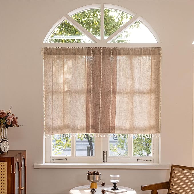 Sutuo Home Boho Curtains Valance Tier 36 inch for Cafe Kitchen Doorway Closet, Short Farmhouse Chic Tassels Window Treatment Bohemian Embroidery Drape, Rod Pocket 1 Panel 52" W x 36" L, Coffee Linen