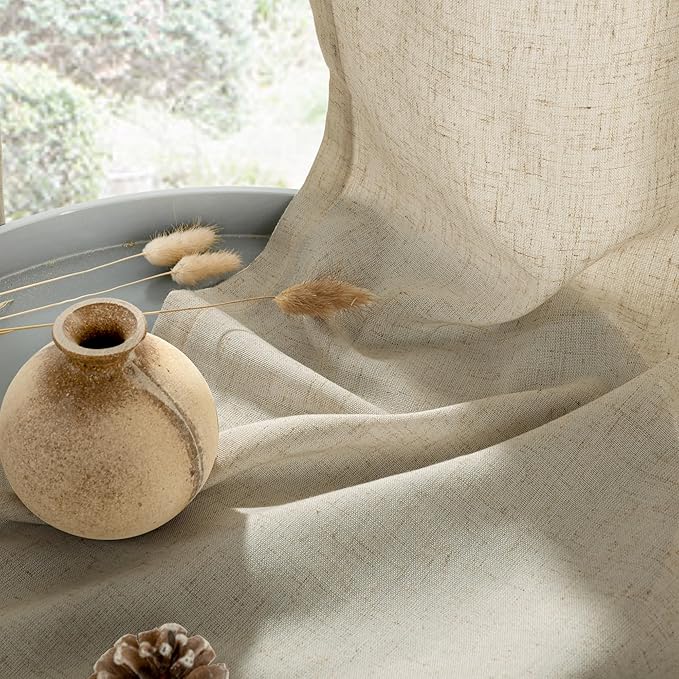YoungsTex Burlap Linen Curtains 80 Inches Length for Living Room Farmhouse, Natural Semi Sheer Window Treatments Light Filtering with Grommet Privacy for Bedroom, 2 Panels, 52 X 80 Inch