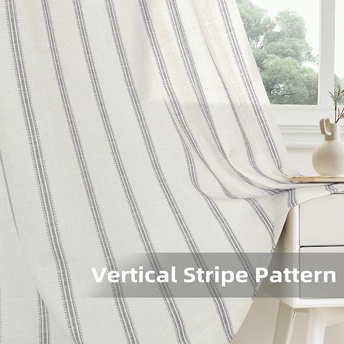 DriftAway Farmhouse Vertical Striped Linen Blend Textured Light Filtering Semi Sheer Curtains for Living Room Bedroom 63 Inches Long Drapes 2 Panels Linen Gray