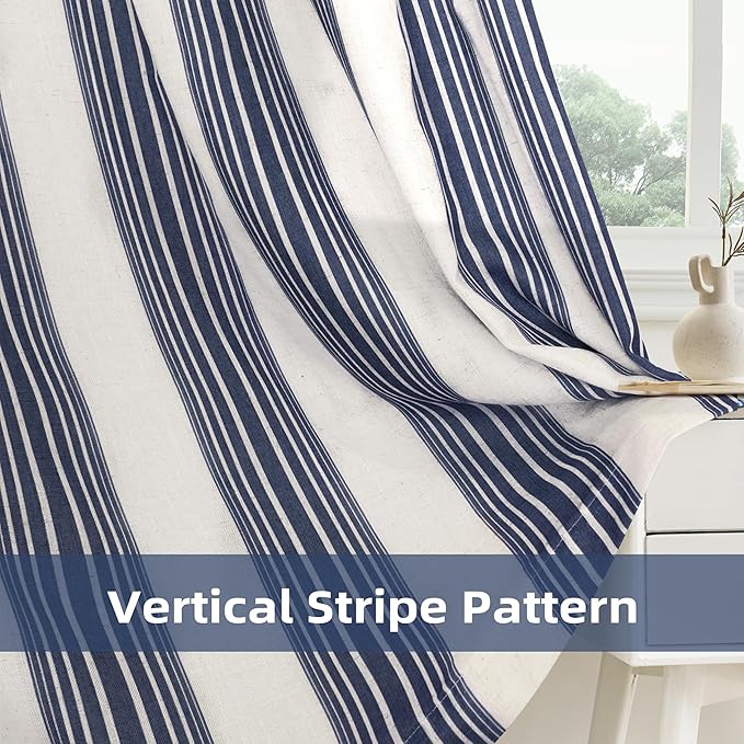 DriftAway Farmhouse Vertical Striped Linen Blend Textured Light Filtering Semi Sheer Curtains for Living Room Bedroom 102 Inches Long Drapes 2 Panels Broad Striped Dark Navy