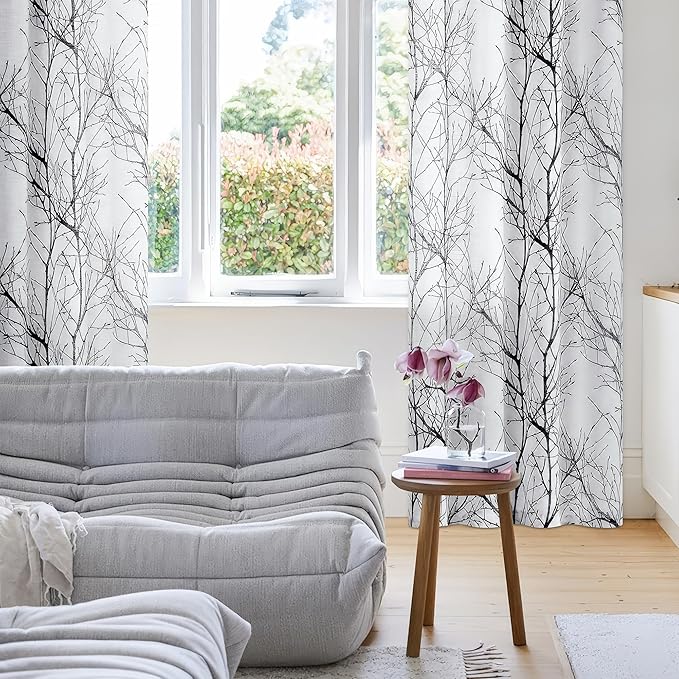 FMFUNCTEX Black White Linen Sheer Sliding Glass Door Curtain for Living Room Modern Tree Branch Print Window Curtain for Office, Light Filtering 100 Inch Extra Wide Sheer Room Divider Curtain 1 Panel