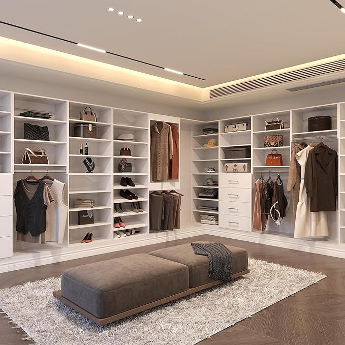 2 Drawer Short Tower Closet Unit, Modular Closet System, Wood Closet System Organizer with Storage for Walk In Closets, Clothing Rack Closet for Hanging Clothes, Bedroom, White, 25.5"W