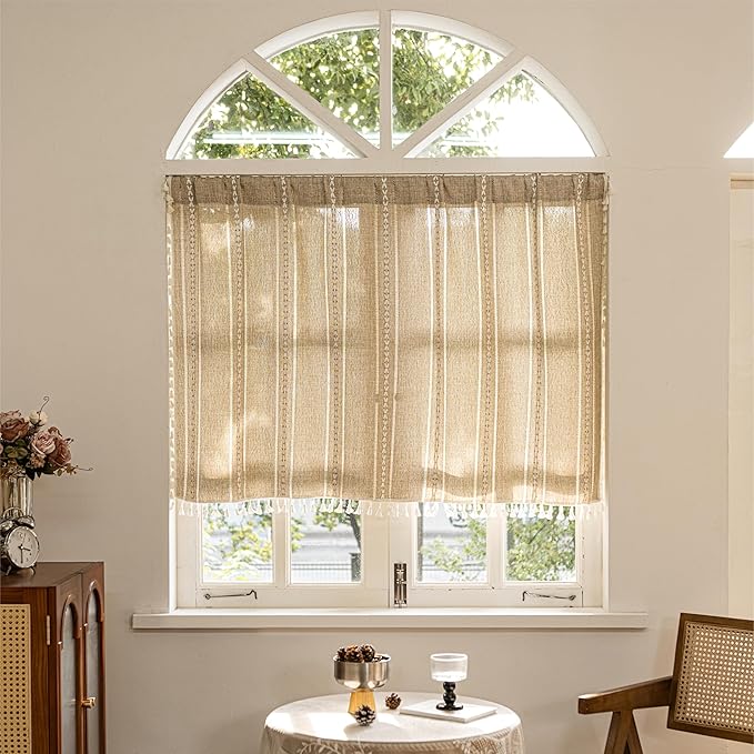 Sutuo Home Boho Curtains Valance Tier 36 inch for Cafe Kitchen Doorway Closet, Short Linen Farmhouse Chic Tassels Window Treatment Bohemian Embroidery Drape Rod Pocket 1 Panel 52" W x 36" L, Natural