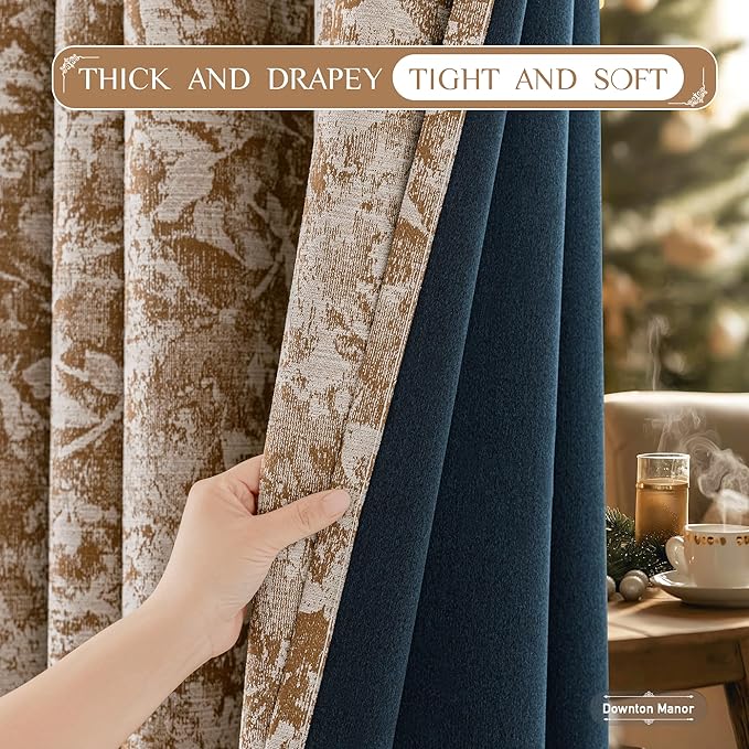 Beauoop Brown Floral Jacquard Blackout Curtains 84 Inches Long 2 Panels for Bedroom Living Room Chenille Flower Room Darkening Thermal Insulated Soundproof Grommet Window Treatments Drapes, 52x84