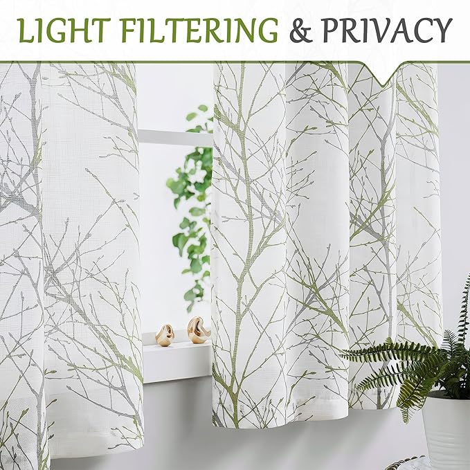 FMFUNCTEX Green White Sliding Glass Door Curtain 84 Inches Long Grey Branch Print Patio Door Panel Tree Semi Sheer Curtains Linen Window Drapes 100 inch Wide Room Divider Curtains 1 Panel Grommet Top