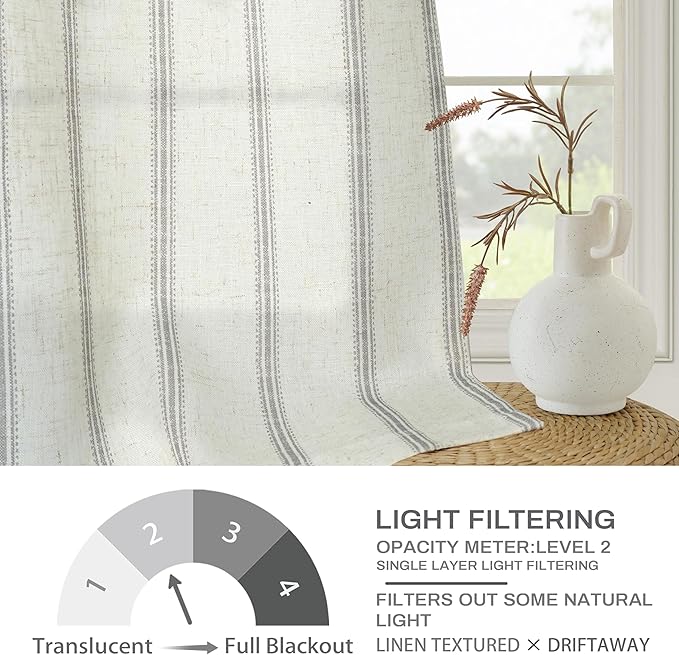 DriftAway Farmhouse Vertical Striped Linen Blend Textured Light Filtering Semi Sheer Curtains for Living Room Bedroom 108 Inches Long Drapes 2 Panels Linen Gray