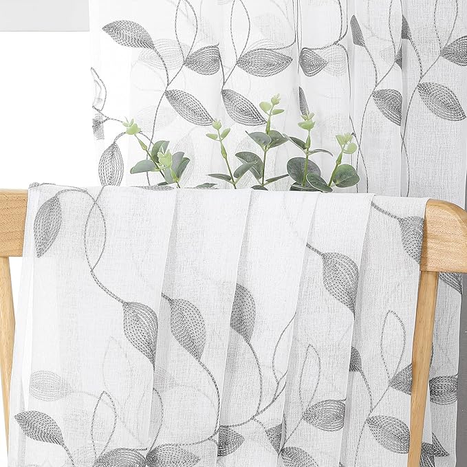 Tollpiz Grey Leaf Sheer Curtains Leaves Embroidered Living Room Short Curtain Rod Pocket Voile Window Treatments for Bedroom, 54 x 45 inches Long, Set of 2 Panels
