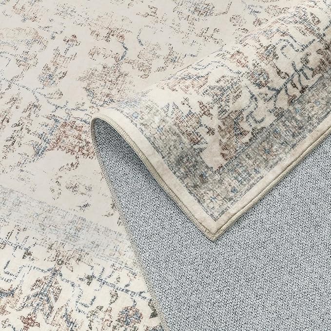 Taupe Area Rug 5x8 Machine Washable Vintage Living Room Distressed Non Slip Carpet Traditional Indoor Bedroom Retro Floral Accent Throw Large Rug for Office Kitchen Bathroom Dining Room