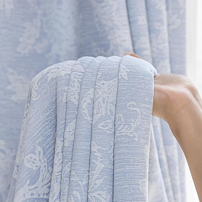 FMFUNCTEX Blue Floral Jacquard Blackout Curtains 96 Inches Long for Bedroom, Scroll Flower Chenille Farmhouse Curtains for Living Room Darkening Thermal Insulated Grommet Window Drapes 2 Panels