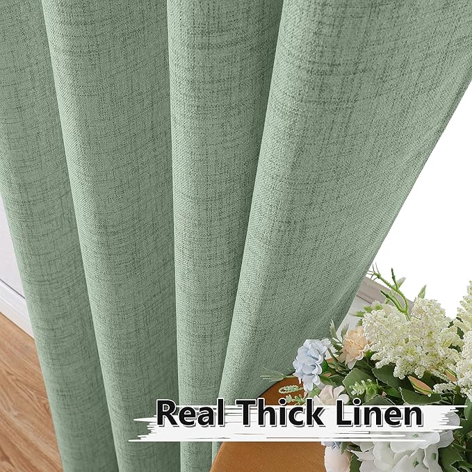 Tollpiz Short Linen Curtains Bedroom Rod Pocket Semi Sheer Curtain Burlap Light Filtering Thick Linen Drapes for Living Room, 38 x 45 inches Long, Sage Green, Set of 2 Panels