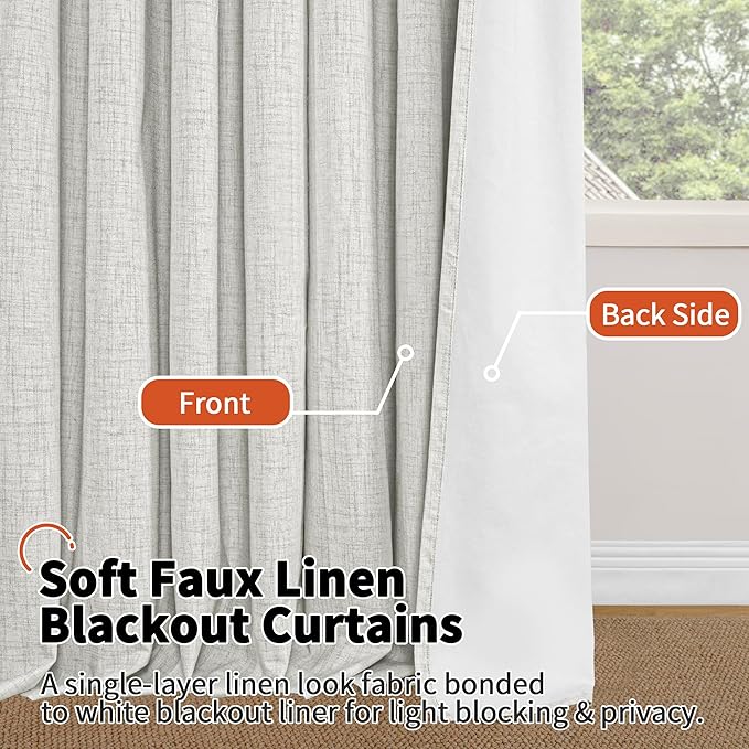 100% Blackout Curtains for Living Room 95 Inch Length 2 Panels Set, Thermal Insulated Light Blocking Faux Linen Curtains for Bedroom, Bronze Grommet Window Drape Each 52" Wide, Light Grey