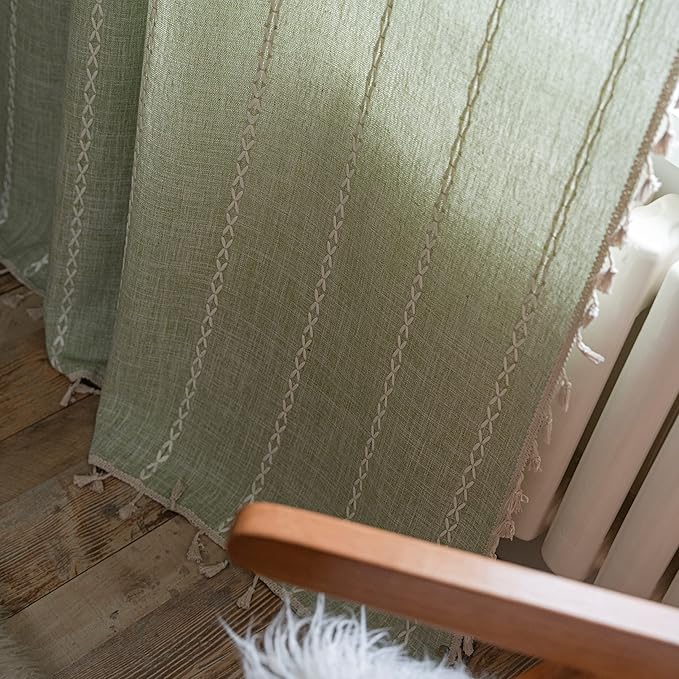 Sutuo Home Boho Curtains for Bedroom Living Room 63 Inch Length, Light Filtering French Country Farmhouse Vintage Chic Tassels Window Treatment Bohemian Drape, 1 Panel 52" W x 63" L, Sage Green