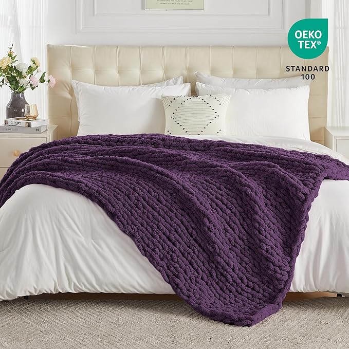 Carriediosa Chunky Knit Throw Blanket 50" X 60", 100% Hand Made Large Chenille Loop Yarn Soft Fluffy Throws for Couch Sofa Bed, Big Crochet Cozy Heavy Thick Cable Woven Blanket, Dark Purple