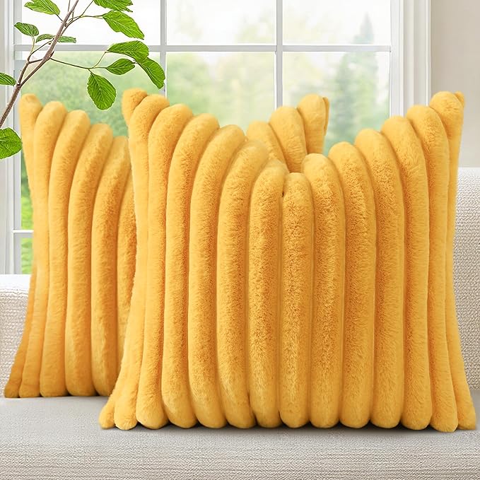 decorUhome Faux Fur Spring Throw Pillow Covers 26x26 Set of 2, Decorative Soft Plush Striped Neutral Couch Euro Sham Pillow Covers with Velvet Back for Sofa, Bed, Living Room Home, Mustard Yellow
