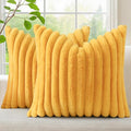 decorUhome Faux Fur Spring Throw Pillow Covers 26x26 Set of 2, Decorative Soft Plush Striped Neutral Couch Euro Sham Pillow Covers with Velvet Back for Sofa, Bed, Living Room Home, Mustard Yellow