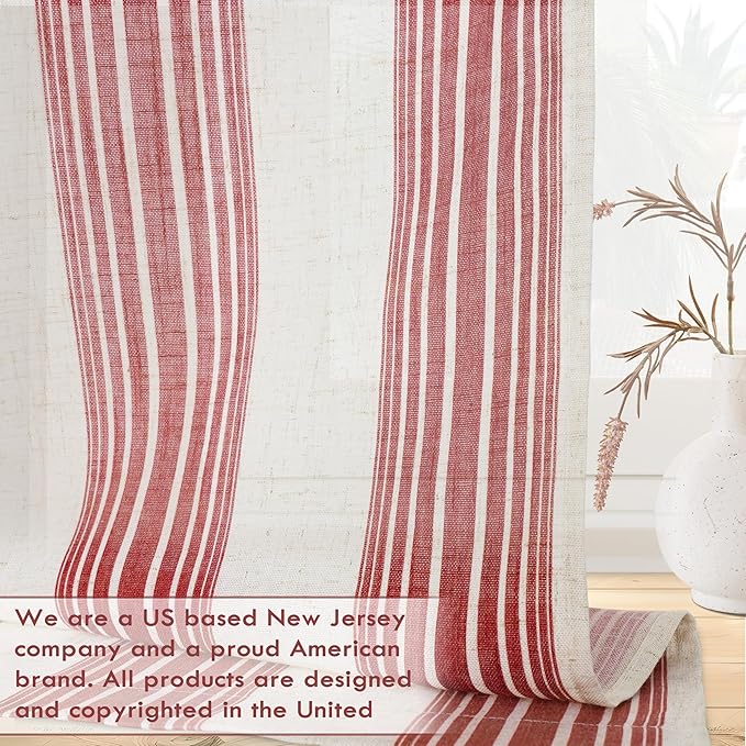 DriftAway Farmhouse Vertical Striped Linen Blend Textured Light Filtering Semi Sheer Curtains for Living Room Bedroom 108 Inches Long Drapes 2 Panels Broad Striped Red