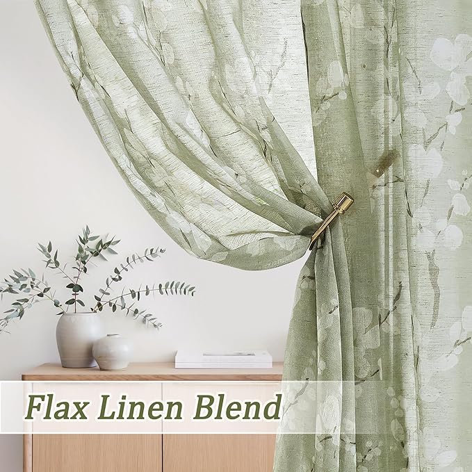 FMFUNCTEX Linen Sheer Curtains for Bedroom, Sage Green Blossom Print Curtains 84 Inches Long for Living Room,Floral Patterned Farmhouse Curtain Light Filtering Window Drapes 2 Panels, Rod Pocket