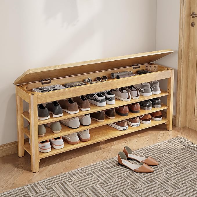 Shoe Rack Bench Seat Rubberwood 3-Tier Wooden Storage Bench 550lbs Compact Mid-Century Modern Design for Entryway, Hallway, Closet, Front Door Entrance, Foyer