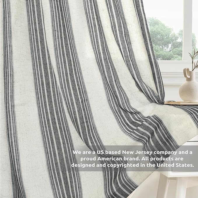 DriftAway Farmhouse Vertical Striped Linen Blend Textured Light Filtering Semi Sheer Curtains for Living Room Bedroom 63 Inches Long Drapes 2 Panels Broad Striped Linen Grey