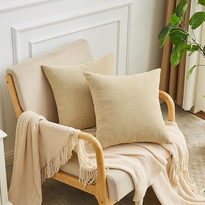 GAWAMAY Decorative Square 16x16 Inch Throw Pillow Covers Set of 2, Super Soft Chenille Pillows Farmhouse Fall Pillowcase for Living Room Bedroom Sofa Couch Cushion Cover Khaki 40x40cm (No Insert)