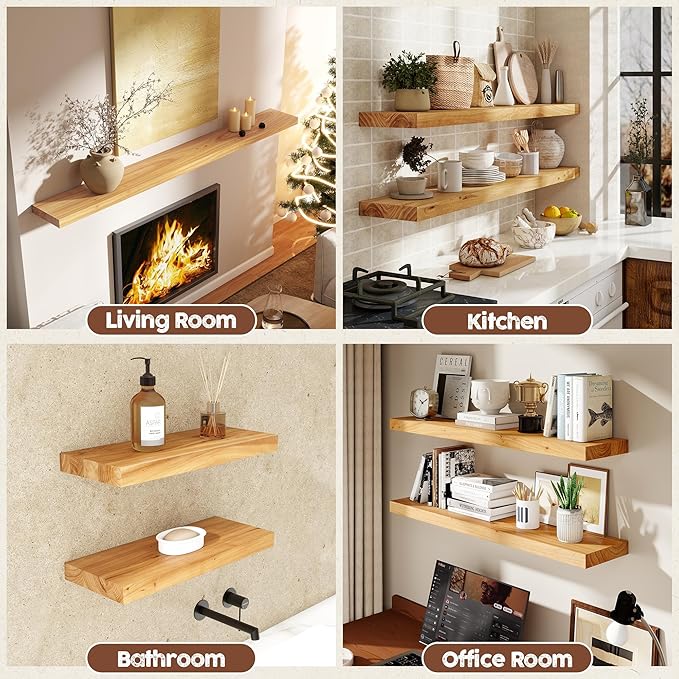 fuqing Floating Shelves for Wall, 55 inch Rustic Solid Elm Wood Floating Shelves, Wooden Wall Shelves with Invisible Heavy Duty Brackets for Living Room, Bedroom, Kitchen, Bathroom, 1 Pack, Natural