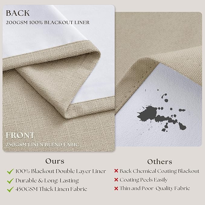 108 Inch Pinch Pleat Blackout Curtains 108 Inches Long for Bedroom Neutral Farmhouse 100% Black Out Room Darkening Burlap Thick Linen Double Layer Pleated Curtain 2 Panels Set Oatmeal Beige Sand