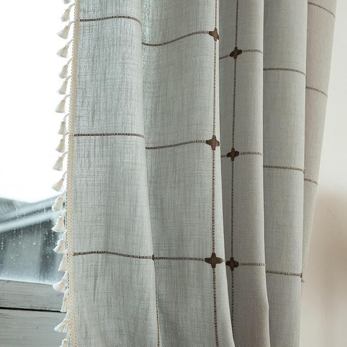 Sutuo Home Boho Curtains for Living Room Bedroom Office,Bohemian Drape Light Filtering Country Linen Vintage Chic Tassels Checkered Window Treatment for Decor 1 Panel 52" W x 96" L, Cream Grey Plaids
