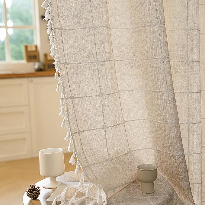 Sutuo Home Boho Door Window Curtains, Bohemian French Country Door Semi Blackout Curtains for Doorway Tassels Privacy Vintage Chic Stripes Decor, Rod Pocket 1 Panel 37" W x 80" L, Light Coffee Plaids
