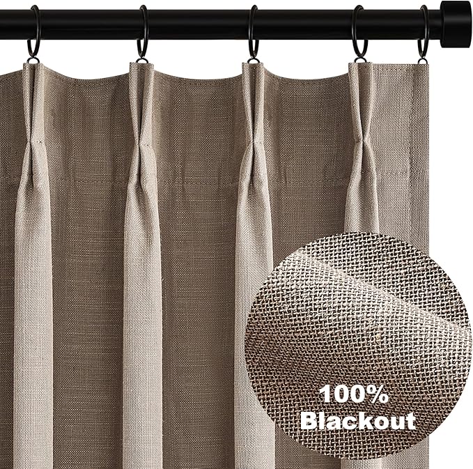 Topfinel Linen Blackout Curtains 96 Inch Long, Pinch Pleat Rustic Neutral Thermal Insulated Brown Natural Linen Cabin Back Tab Viral Drapery Drapes with Hooks Rings 2 Panel Sets, Brown Tan 8 FT