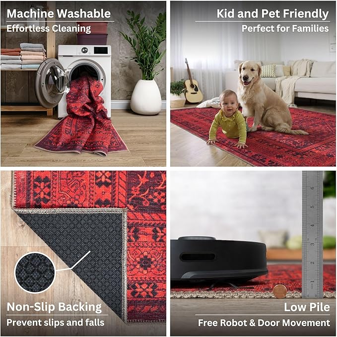 Bloom Rugs Washable Non-Slip 9' x 12' Rug - Red Traditional Bordered Area Rug for Living Room, Bedroom, Dining Room, and Kitchen - Exact Size: 9' x 12'