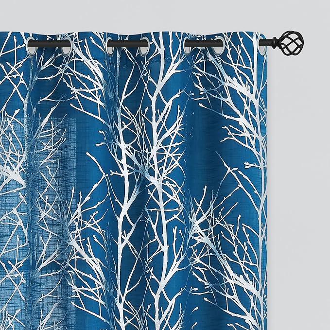 FMFUNCTEX Linen Semi Sheer Curtains for Bedroom and Living Room - Silver Foil Metallic Print Navy Blue Tree Panel, 96 Inches Long, Light Filtering, Grommet Top, 2 Panels