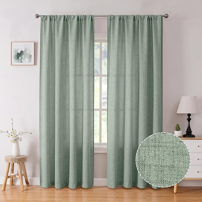 Tollpiz Short Linen Curtain Living Room Rod Pocket Semi Sheer Curtains Burlap Light Filtering Thick Linen Drape for Bedroom, 54 x 45 inches Long, Sage Green, Set of 2 Panels