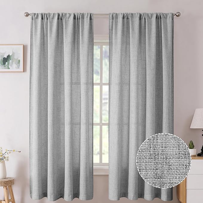Tollpiz Short Linen Curtains Bedroom Rod Pocket Semi Sheer Curtain Burlap Light Filtering Thick Linen Drapes for Living Room, 38 x 45 inches Long, Silver Grey, Set of 2 Panels
