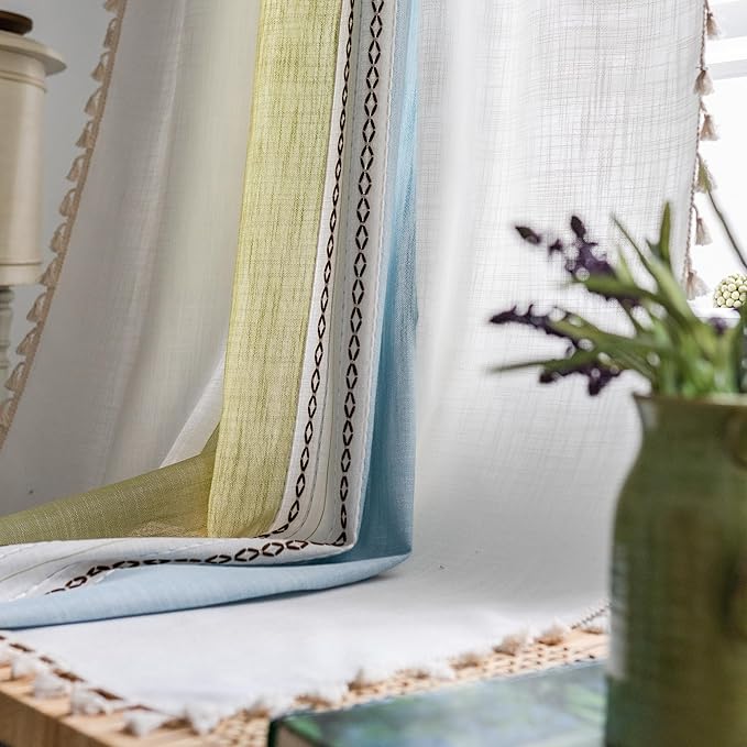 Sutuo Home Boho Curtains 72 inch Length for Bedroom Living Room, Semi Blackout Farmhouse Tassels Window Treatment Bohemian Embroidery Drape, Rod Pocket 1 Panel 52" W x 72" L, Green Blue Striped Linen