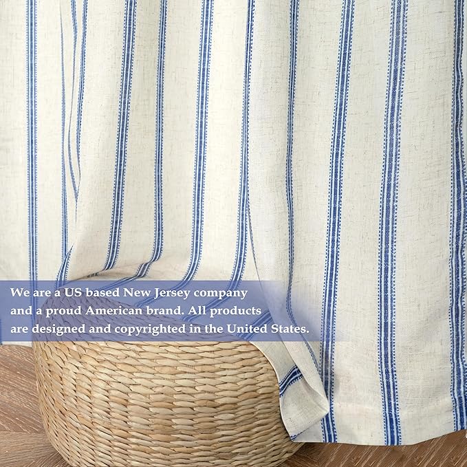 DriftAway Farmhouse Vertical Striped Linen Blend Textured Light Filtering Semi Sheer Curtains for Living Room Bedroom 63 Inches Long Drapes 2 Panels Linen Navy