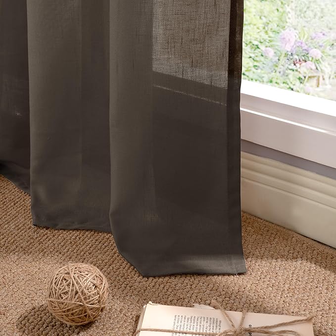 YoungsTex Brown Linen Semi Sheer Curtains 90 Inches Length for Living Room, Light Filtering Drapes Privacy with Grommet Decorative for Home Office Dining Room Bedroom, 2 Panels, 52 X 90 Inch