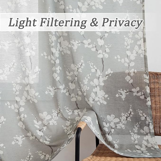 FMFUNCTEX Linen Sheer Curtains for Bedroom, Grey White Blossom Print Curtains 84 Inches Long for Living Room,Floral Patterned Farmhouse Curtain Light Filtering Window Drapes 2 Panels, Rod Pocket