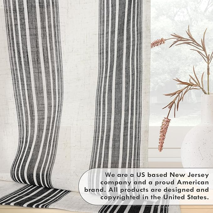 DriftAway Farmhouse Vertical Striped Linen Blend Textured Light Filtering Semi Sheer Curtains for Living Room Bedroom 84 Inches Long Drapes 2 Panels Broad Striped Black