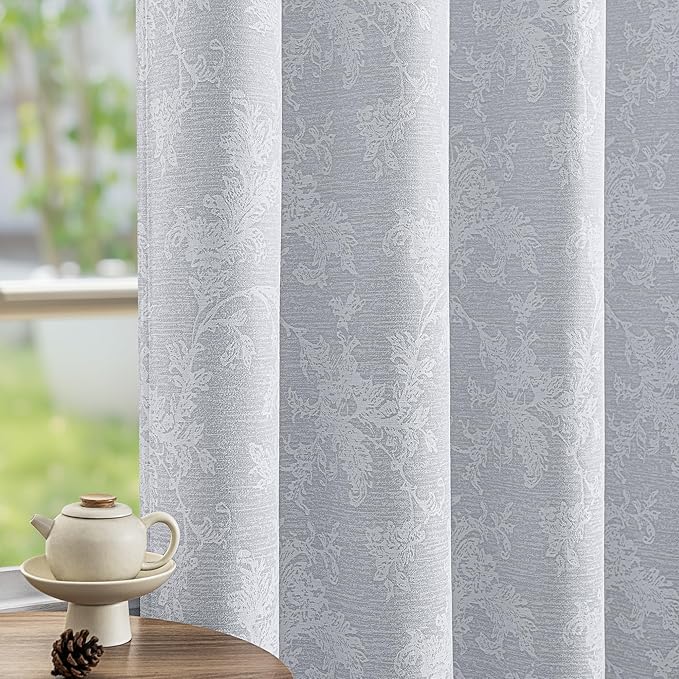 FMFUNCTEX Grey Floral Jacquard Blackout Curtains 90 Inches Long for Bedroom, Scroll Flower Chenille Farmhouse Curtains for Living Room Darkening Thermal Insulated Grommet Window Drapes 2 Panels