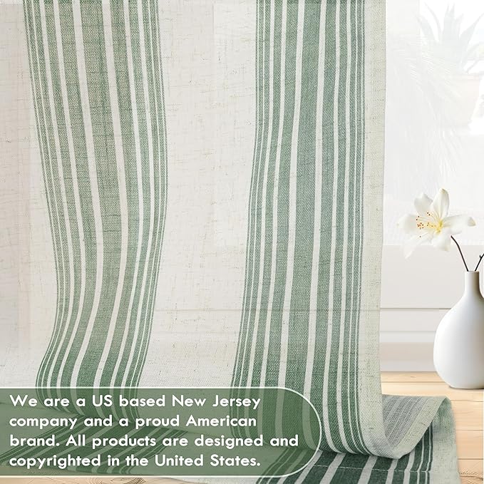 DriftAway Farmhouse Vertical Striped Linen Blend Textured Light Filtering Semi Sheer Curtains for Living Room Bedroom 96 Inches Long Drapes 2 Panels Broad Striped Loden Green