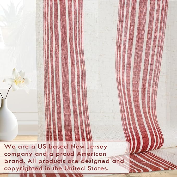 DriftAway Farmhouse Vertical Striped Linen Blend Textured Light Filtering Semi Sheer Curtains for Living Room Bedroom 36 Inches Long Drapes 2 Panels Broad Striped Red