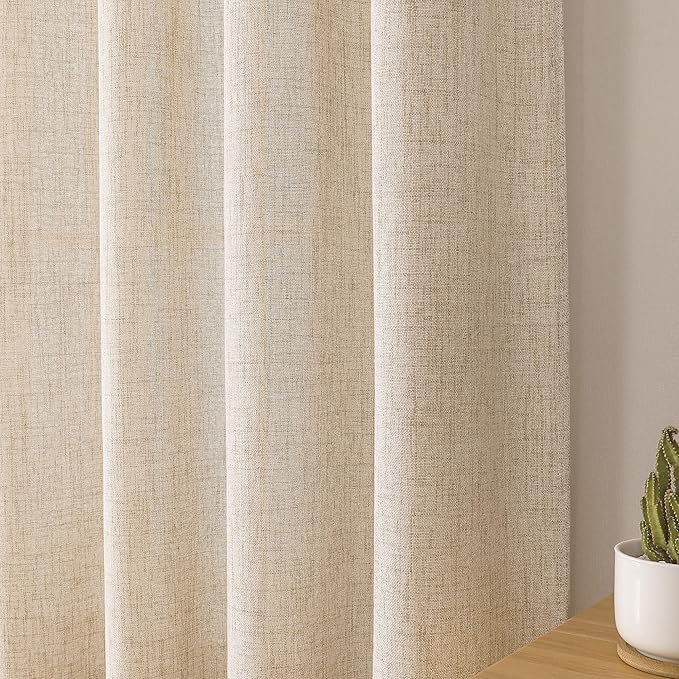 Tollpiz Linen Curtain Living Room Rod Pocket Semi Sheer Curtains Burlap Light Filtering Thick Linen Drape for Bedroom, 54 x 72 inches Long, Natural, Set of 2 Panels