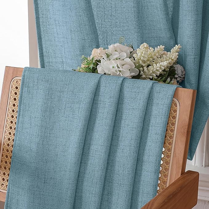Tollpiz Short Linen Curtains Living Room Rod Pocket Semi Sheer Curtain Burlap Light Filtering Thick Linen Drapes for Bedroom, 54 x 54 inches Long, Dusty Blue, Set of 2 Panels