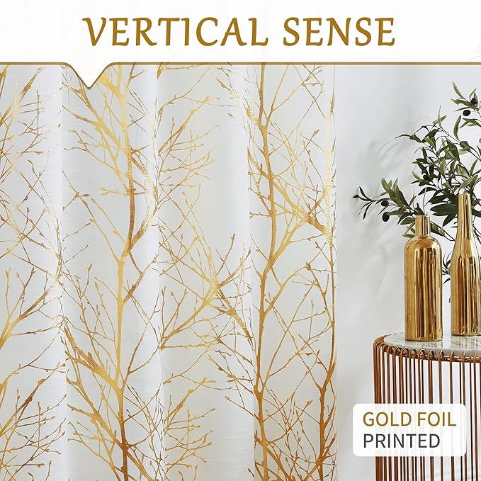 FMFUNCTEX Linen Semi Sheer Curtains, Gold Foil Metallic Print White Tree Panel for Bedroom & Living Room, Light Filtering 84 Inch Long Grommet Top 2 Panels