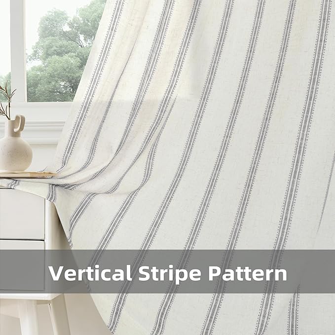 DriftAway Farmhouse Vertical Striped Linen Blend Textured Light Filtering Semi Sheer Curtains for Living Room Bedroom 108 Inches Long Drapes 2 Panels Linen Gray