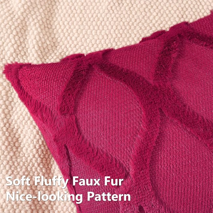 decorUhome Spring Throw Pillow Covers 12x20 Inch Set of 2, Soft Plush Faux Fur Wool Lumbar Burgundy Couch Pillow Covers, Decorative Neutral Pillow Cases for Bed Sofa Living Room Home Decor