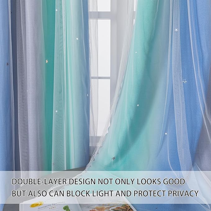 XiDi Blue Blackout Curtains for Boy Rooms Green Curtains for Bedroom Grey Window W34 X L63