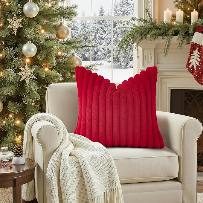 decorUhome Faux Fur Spring Throw Pillow Covers 20x20 Set of 2, Decorative Soft Plush Striped Neutral Couch Pillow Covers with Velvet Back for Sofa, Bed, Living Room Home, Red