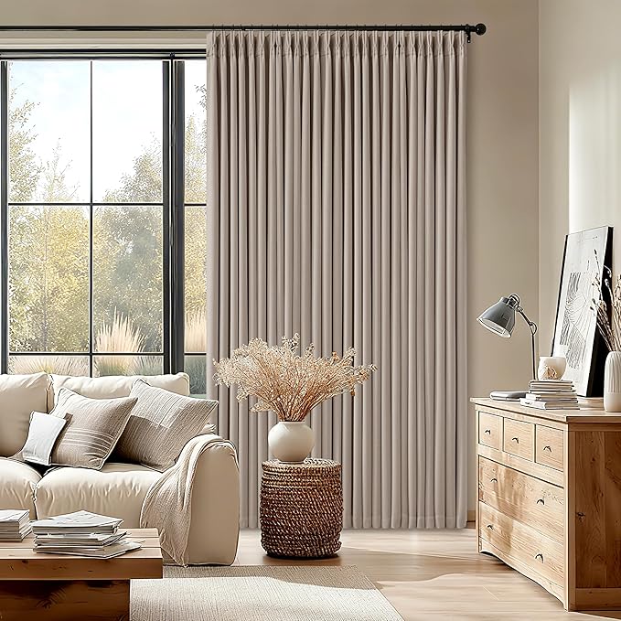 70 Inch Wide Blackout Curtains 84 Inches Long Memory Trained Pinch Pleated Room Darkening Thermal Linen Textured Two Layer Extra Wide Drapes for Living Room Sliding Door Burlywood Birch 1 Panel